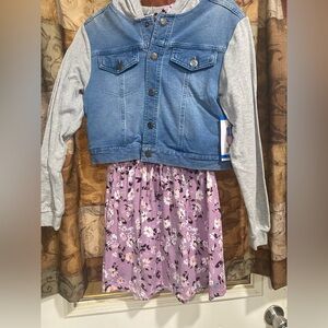 Kids' Denim and Gray Jean Jacket with Floral Dress